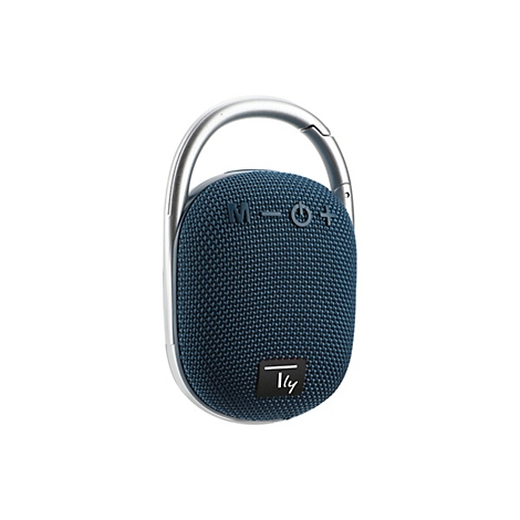 Blauer, ovaler Bluetooth-Lautsprecher mit integriertem silbernem Karabiner vor weißem Hintergrund.