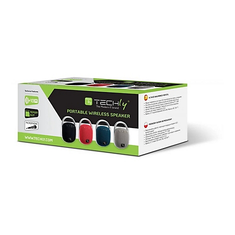 Produktverpackung eines tragbaren Techly Bluetooth-Lautsprechers mit Abbildungen von vier Farbvarianten.