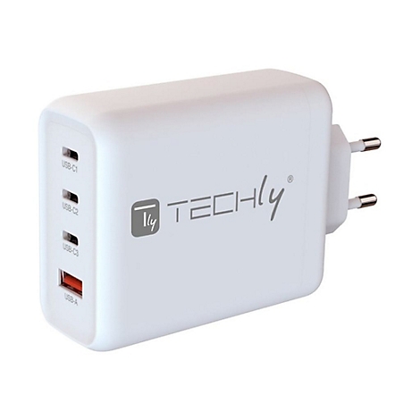 Weißes TECHLY USB-Ladegerät mit drei USB-C-Anschlüssen und einem USB-A-Anschluss vor neutralem Hintergrund.