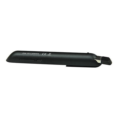 Schwarzer Laserpointer mit USB-Anschluss vor weißem Hintergrund.