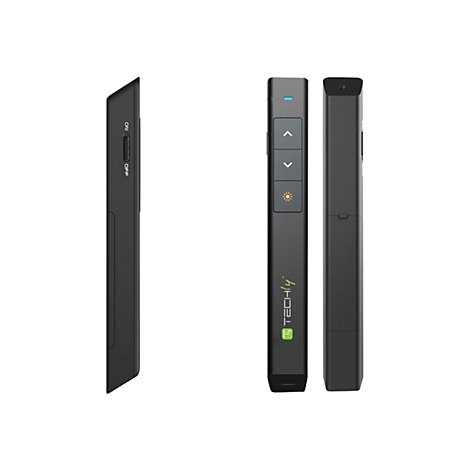Drei Ansichten eines schwarzen Techly Presenter-Stifts mit Tasten, Schiebeschalter und Logo auf weißem Grund.