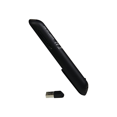 Schwarzer Laserpointer mit USB-Empfänger auf weißem Hintergrund, beschriftet mit P/N: ITC-LASER76.