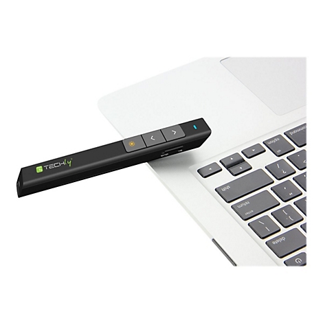 Schwarzer Techly Präsentations-Pointer liegt auf einer weißen Laptop-Tastatur.