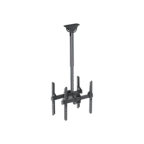 Schwarze Deckenhalterung fÃ¼r einen Fernseher. Das Produkt ist aus Metall gefertigt.