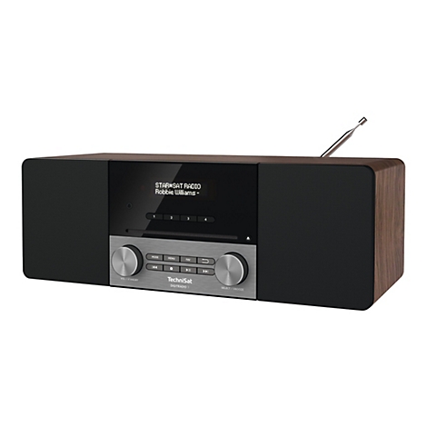 Ein Radiogerät mit Holzoptik und schwarzem Gehäuse. Auf dem Display steht „STAR*SAT RADIO Robbie Williams“. Es hat Knöpfe für die Bedienung und eine Antenne.