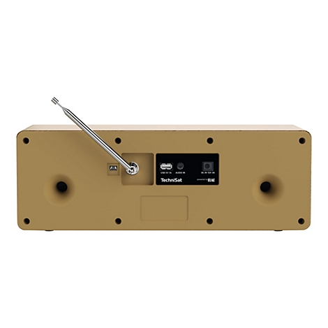 Rückansicht eines goldfarbenen Radios mit Antenne und verschiedenen Anschlüssen. Aufgedruckt sind Logos und Texte.