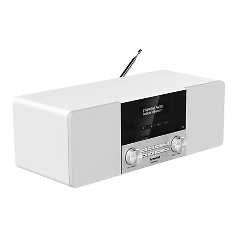 Weißes Digitalradio mit Antenne, Display und Bedienelementen. Auf dem Display steht STAR SAT RADIO und Robbie Williams.