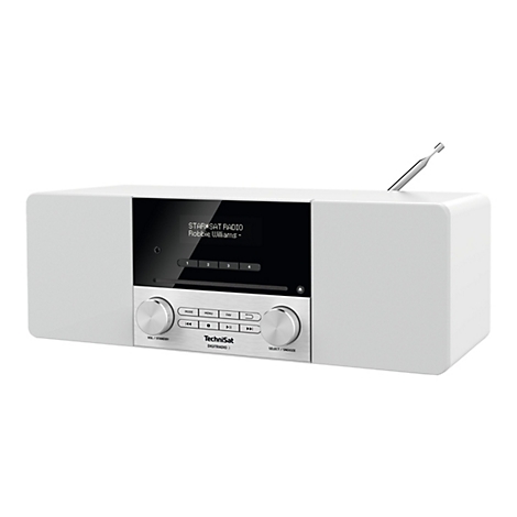 Weißes TechniSat-Radio mit Display, Drehreglern und Antenne. Auf dem Display wird ein Sender und Künstler angezeigt.