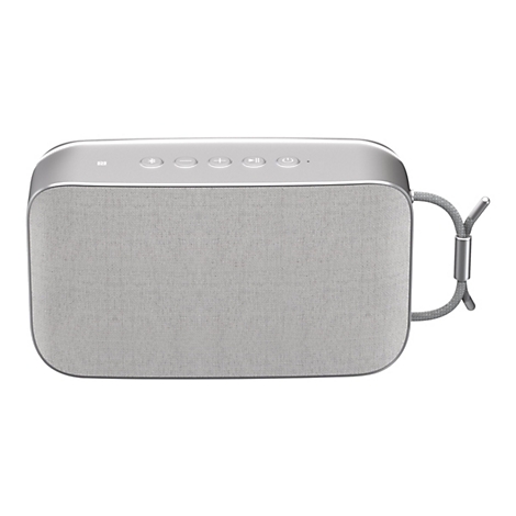 Grauer Bluetooth-Lautsprecher mit Stoffbezug, Metallrahmen und Bedienelementen.