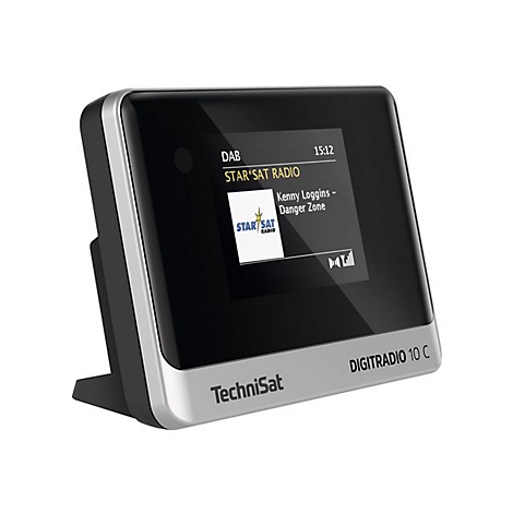Ein digitales Radio von Technisat, mit DAB-Anzeige und laufendem Radioprogramm. Auf dem Display sind Informationen Ã¼ber den Sender, Musiktitel und die Uhrzeit zu sehen.