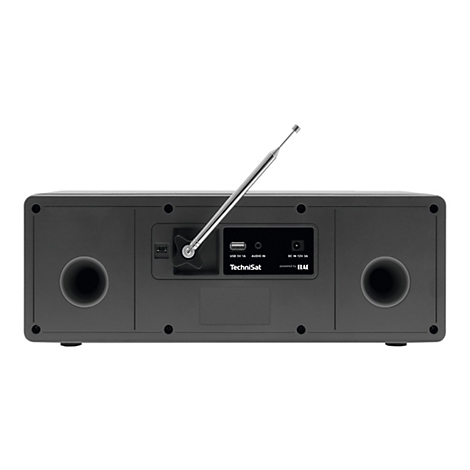 Dunkelgraues Radio, Rückseite. Anschlüsse: USB, Audioeingang, Antenne, Logo: TechniSat & ELAC.
