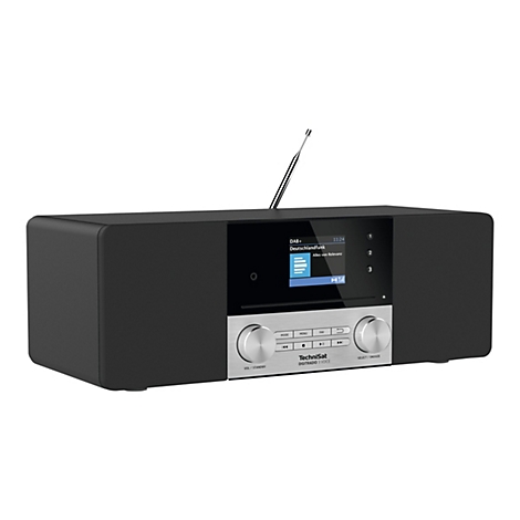 Ein schwarzes TechniSat-Digitalradio mit DAB+. Auf dem Bildschirm ist die Senderinformation "Deutschlandfunk" zu sehen.