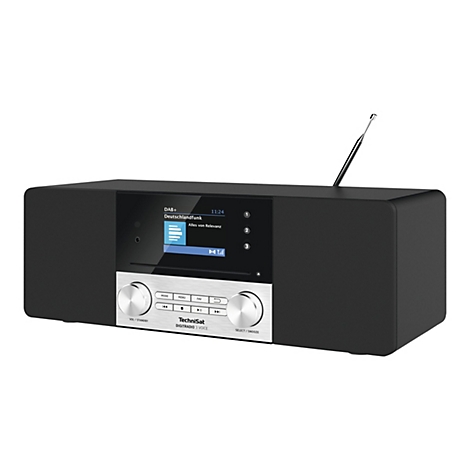 Schwarzes DAB+ Radio, Display mit Sendersymbolen und Radiotext, silberne Bedienelemente, Antenne steht ab.