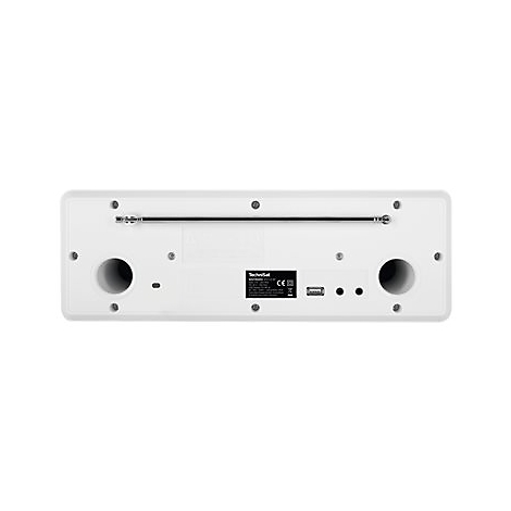 RÃ¼ckseite eines weiÃŸen Radios mit Antenne, LautsprecherÃ¶ffnungen und AnschlÃ¼ssen, wie USB.