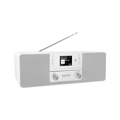 WeiÃŸes TechniSat-Radio mit Antenne, Display, zwei KnÃ¶pfen. Anzeige: StarSat Radio.