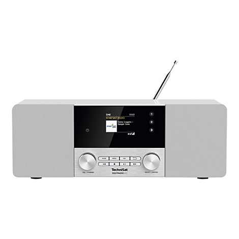 Ein weiÃŸes TechniSat-Radio mit schwarzem Bildschirm, KnÃ¶pfen und Antenne. Auf dem Bildschirm werden Radiosender-Informationen angezeigt.