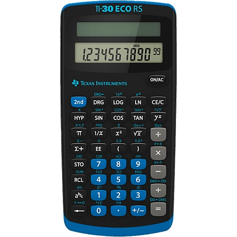 Ein schwarzer Taschenrechner mit blauen Akzenten und einer Anzeige mit der Zahl 1234567890.99.