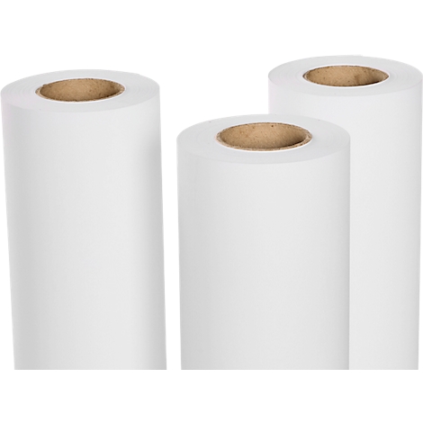 Drie rollen wit papier, rechtopstaand. De binnenkant van de rollen is bruin.
