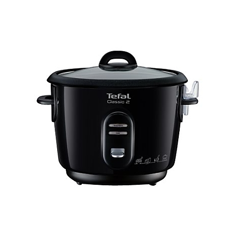 Schwarzer Tefal Classic 2 Reiskocher mit Glasdeckel vor weißem Hintergrund.