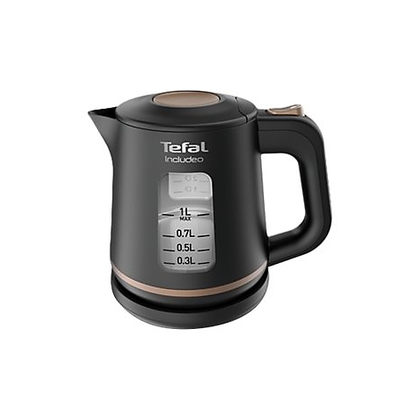 Schwarzer Tefal Includeo Wasserkocher mit bronzefarbenen Akzenten und deutlich lesbarer Wasserstandsanzeige.