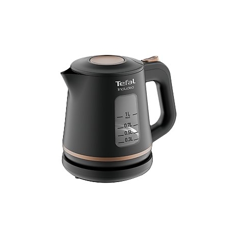 Schwarzer Tefal Includeo Wasserkocher mit kupferfarbenen Akzenten und Füllstandsanzeige vor weißem Hintergrund.
