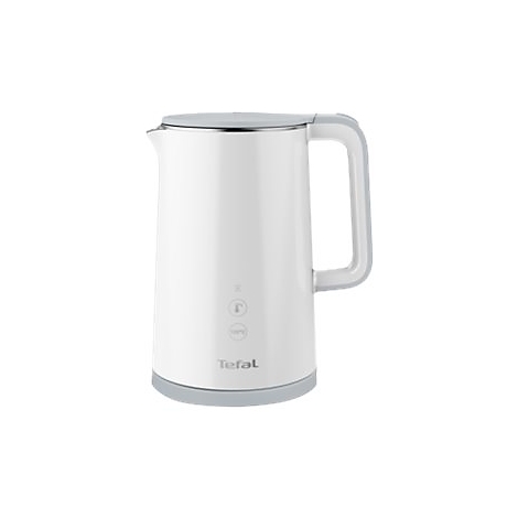Moderner weißer Tefal Wasserkocher mit digitaler Temperaturanzeige auf weißem Hintergrund.