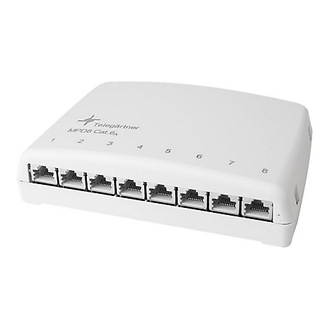 Ein weißes TeleGärtner MPD8 Cat.6A-Netzwerkgerät mit 8 Ethernet-Anschlüssen. Aufschrift: 1-8.