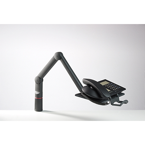 Black telephone on a grey arm, against a white background.