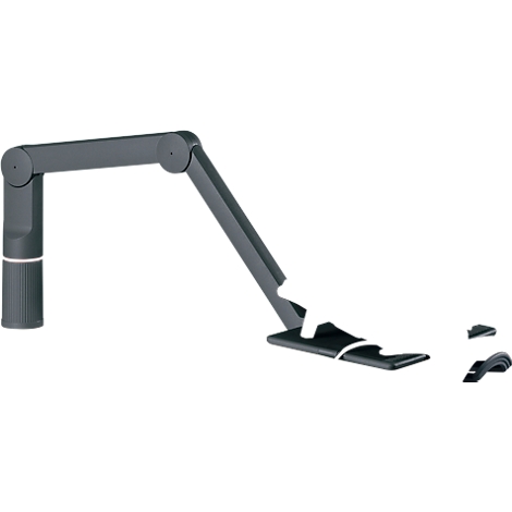 A gray and black monitor arm. Various joints allow flexibility. Various attachments are next to it.