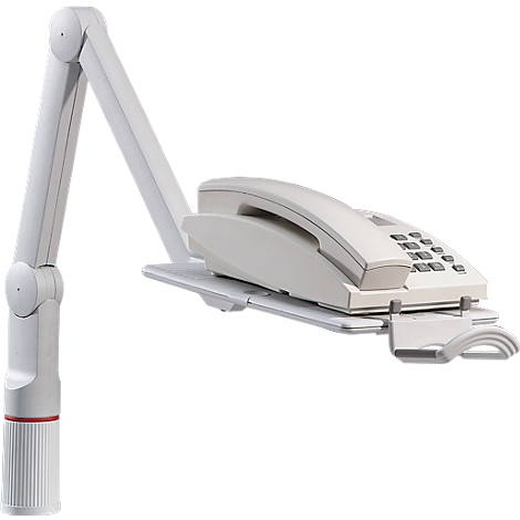 Fixed-line phone with stand. The arm is white, the phone gray, the buttons are black.