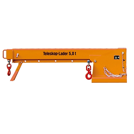 Orange telescopic loader with hooks and chain. Inscription: Telescopic loader 5.0 t.