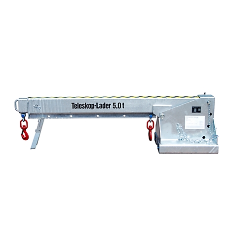 A silver telescopic loader with a red hook chain and the inscription 'Teleskop-Lader 5.0 t'.