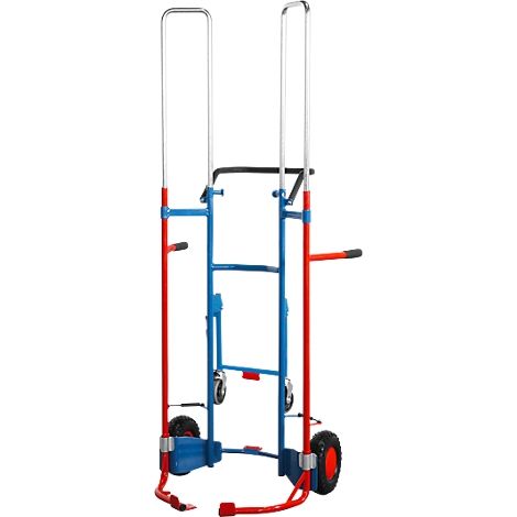 A red, blue, and silver stair climber. It has large wheels, handles and a platform for carrying loads.