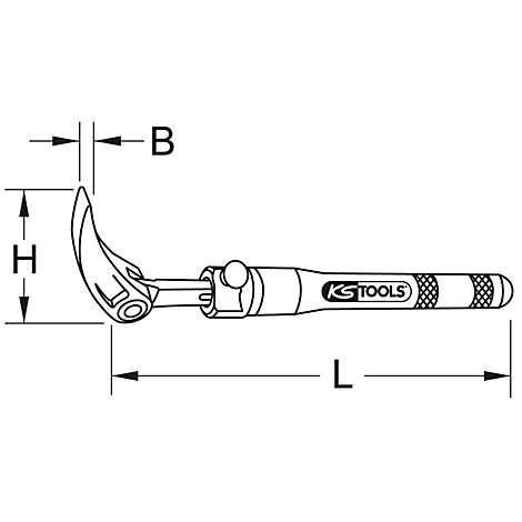 Zeichnung eines Werkzeugs: gebogene Spitze, Griff mit 'KS TOOLS' Logo, Längen- und Breitenangaben.