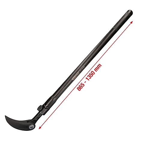 Schwarze Brechstange, mit Maßangabe: 865-1350 mm. Gebogene Spitze und langer Griff.