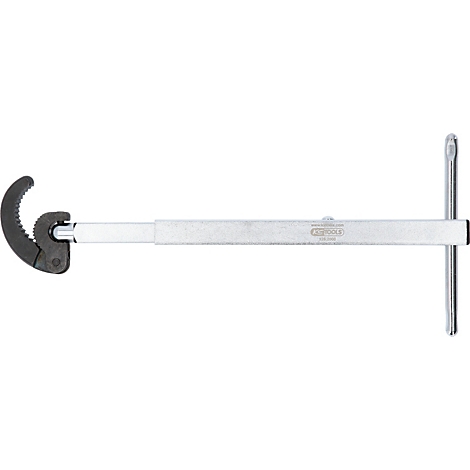 Ein verstellbarer Hakenschlüssel aus Metall, mit T-Griff. Der Schlüssel ist für Arbeiten an Achsmuttern und anderen runden Teilen gedacht.