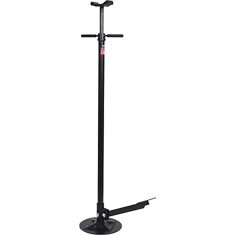 Schwarze Stütze für Fahrzeuge, mit höhenverstellbarem Kopf und breitem Standfuß.