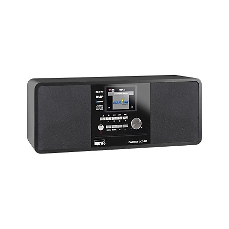Schwarzes Digitalradio Imperial Dabman i200 CD mit Display, Lautsprechern und Bedienknöpfen auf weißem Grund.