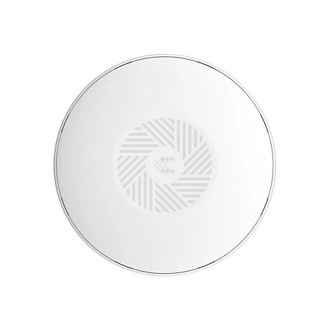 Objet rond et blanc avec un bord argenté et un motif géométrique au centre.