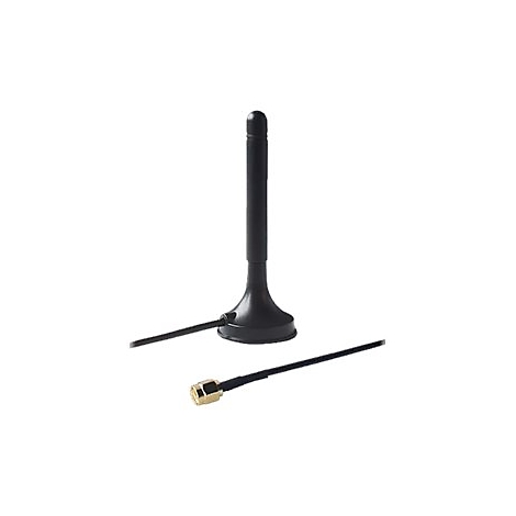 Eine schwarze Antenne mit Magnetfuß und abnehmbarem Kabel vor weißem Hintergrund.