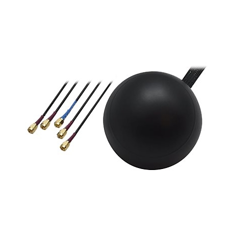 Schwarze, kugelförmige Antenne mit fünf Anschlusskabeln und goldenen Steckern.