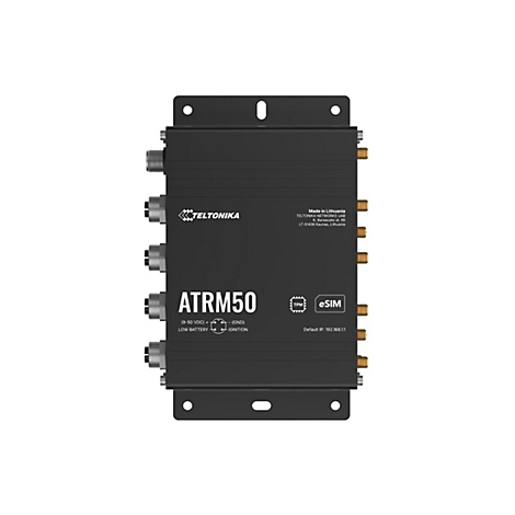 Schwarzes elektronisches Gerät mit Anschlüssen, Beschriftungen und Logos, das auf weißem Hintergrund dargestellt wird.