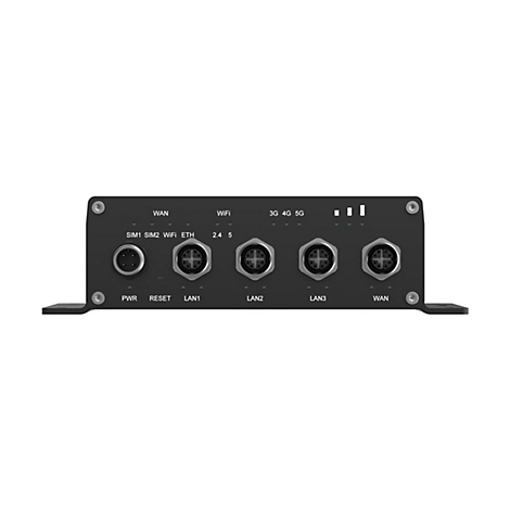 Ein schwarzes Netzwerkgerät mit verschiedenen Anschlüssen und Anzeigen, beschriftet mit Bezeichnungen wie "WAN", "WiFi" und "LAN".