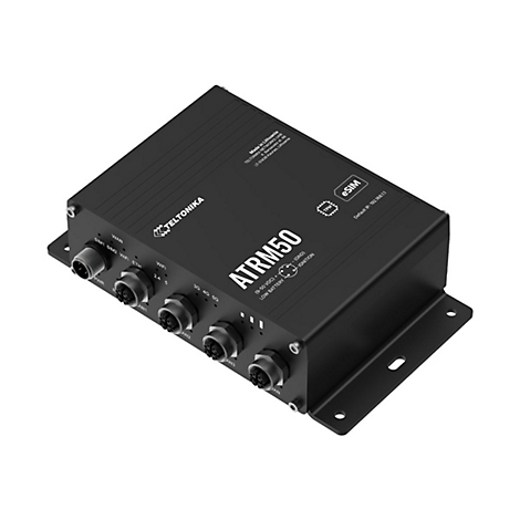 Schwarzes ATRM50 Gerät von Teltonika, mit Anschlüssen, Beschriftungen und eSIM Logo.