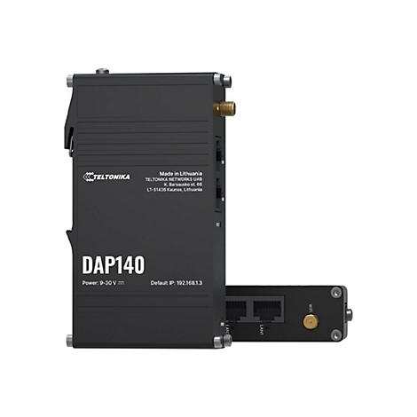 Schwarzes Netzwerkgerät mit Beschriftung DAP140, Anschlüssen und Firmenlogo.