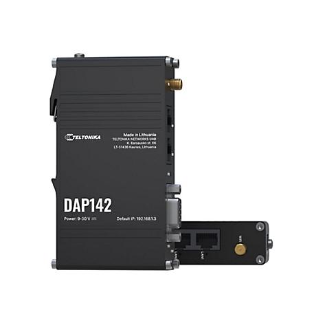 Schwarzes Netzwerkgerät mit LAN-, WIFI- und Stromanschlüssen. Beschriftung: DAP142, Teltonika. Informationen über Hersteller und IP-Adresse sind ebenfalls sichtbar.