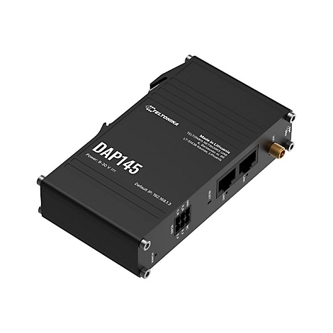 Schwarzer DAP145 Router, seitlich beschriftet mit Produktinformationen und Logo, oben rechts Anschlüsse.