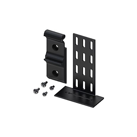 Schwarzes Metallgestell mit Schrauben, Nahaufnahme, isoliert. Enthält Halterungen, mit Löchern und Schlitzen.