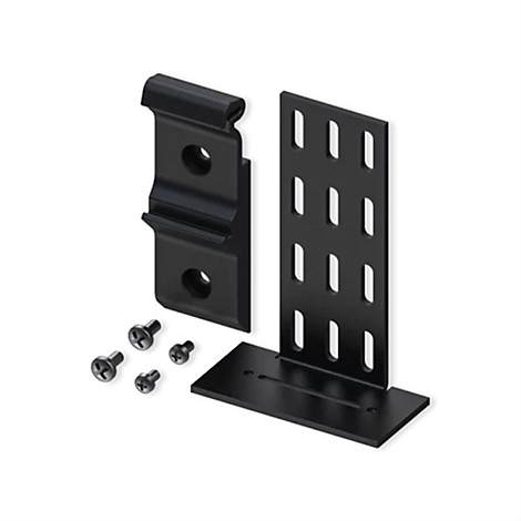 Schwarze Rack-Halterung, bestehend aus zwei Winkeln, vier Schrauben und einem Grundplattenabschnitt.