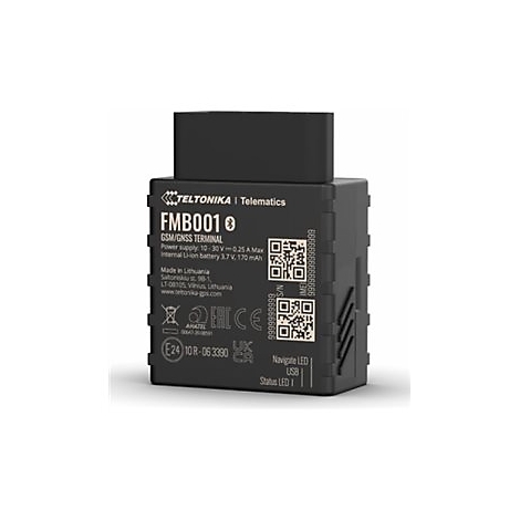 Schwarzes FMB001-Telematikgerät. Aufschrift: "TELTONIKA Telematics", "GSM/GNSS TERMINAL". QR-Codes und technische Daten sind ebenfalls abgebildet.